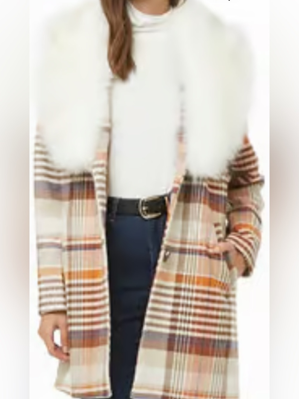 NWT forever 21 Plaid Wool-Blend Coat with Faux Fur Collar - Cream & Orange